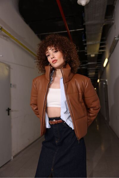 Deri Şişme Mont Kahverengi - 36