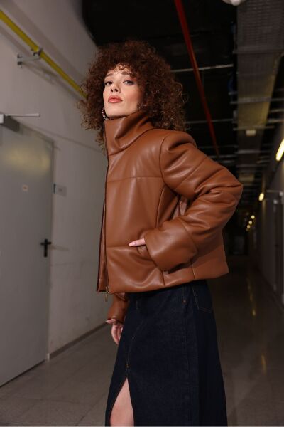 Deri Şişme Mont Kahverengi - 38