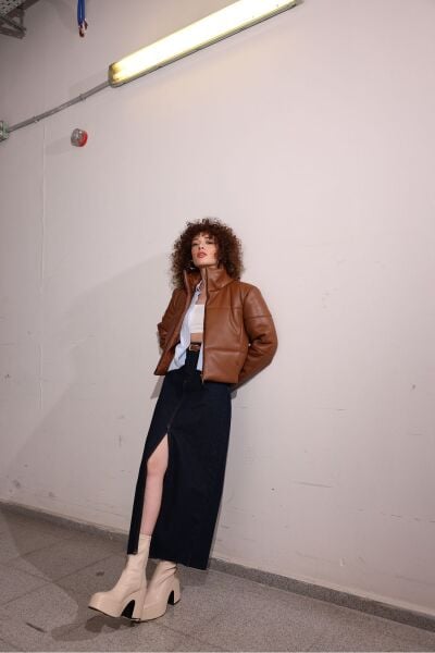 Deri Şişme Mont Kahverengi - 38