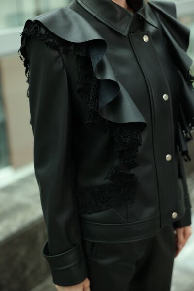 Siyah Pileli Deri Ceket Siyah - 36