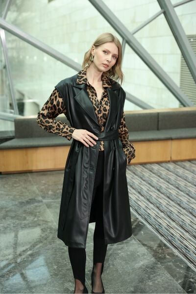 Deri Siyah Uzun Yelek