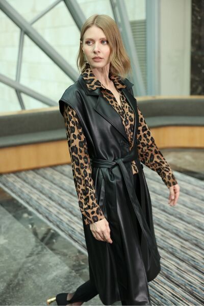 Deri Siyah Uzun Yelek