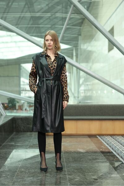 Deri Siyah Uzun Yelek Siyah - 42