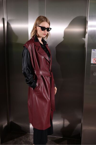 Deri Siyah Uzun Yelek Bordo - 40