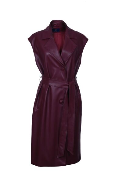 Deri Siyah Uzun Yelek Bordo - 40