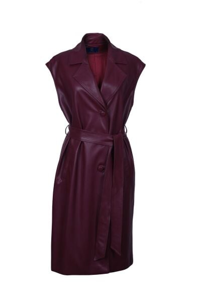 Deri Siyah Uzun Yelek Bordo - 36