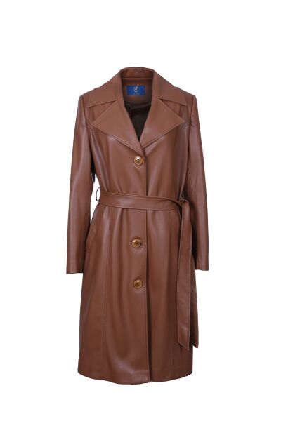 Pembe Deri Uzun Trençkot Kahverengi - 42