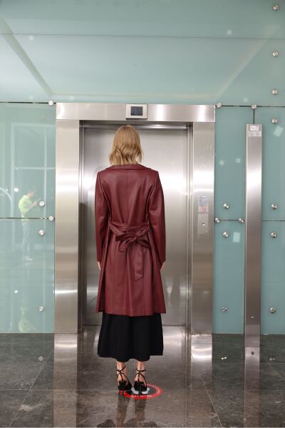 Pembe Deri Uzun Trençkot Bordo - 38