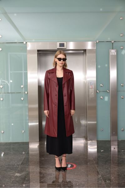 Pembe Deri Uzun Trençkot Bordo - 36