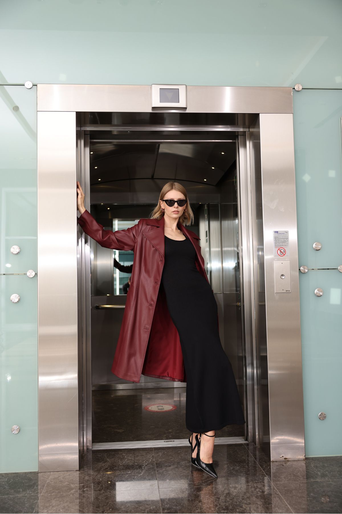 Pembe Deri Uzun Trençkot Bordo - 40